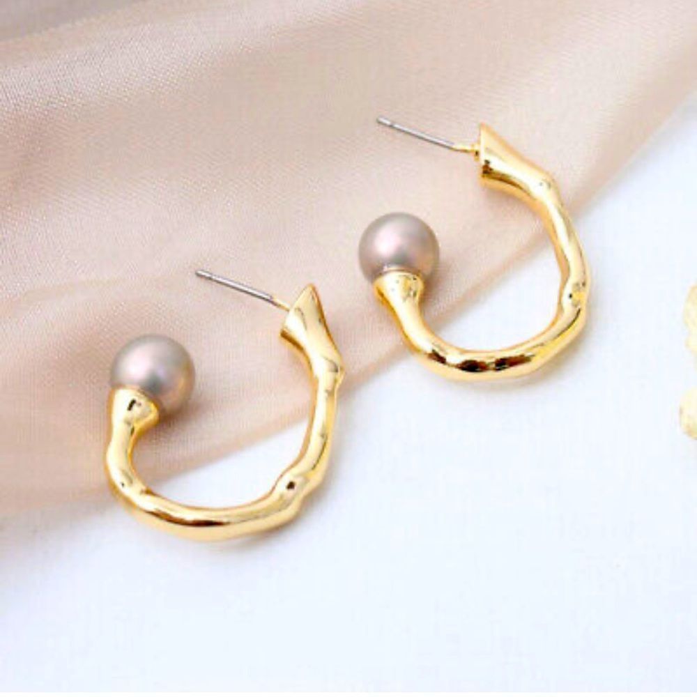 ALEXIS BITTAR Pearl Capped Twisted Gold Open Hoop Post Earrings - MSRP $195 - Picture 9 of 14
